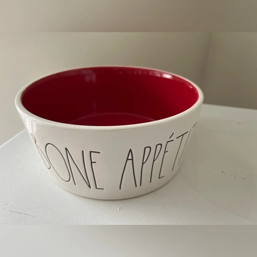Rae Dunn | Bone Appetit | Large Dog Bowl Artisan Magenta | White Red